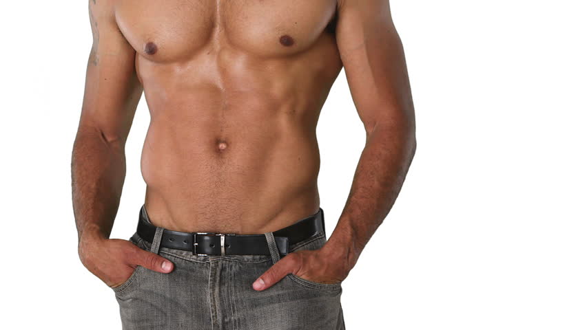 Closeup torso of shirtless muscular man posing