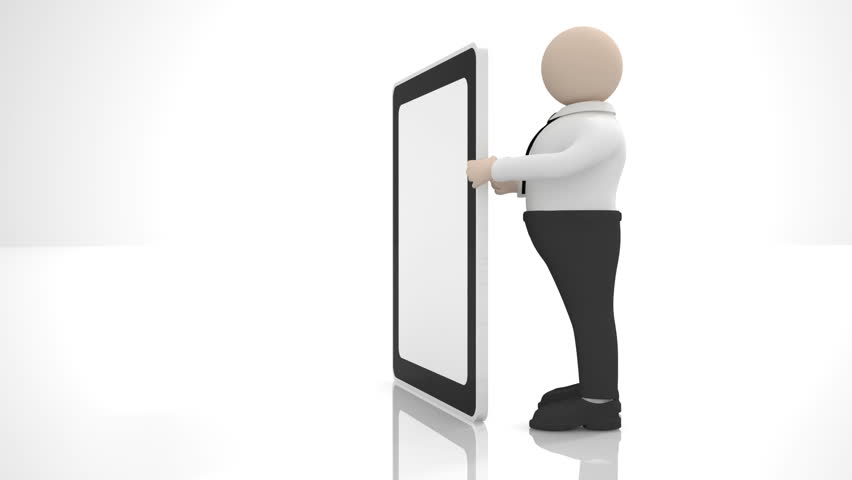 The clerk holding a large tablet PC. Insert your picture or icon on the tablet and the screen saver is ready