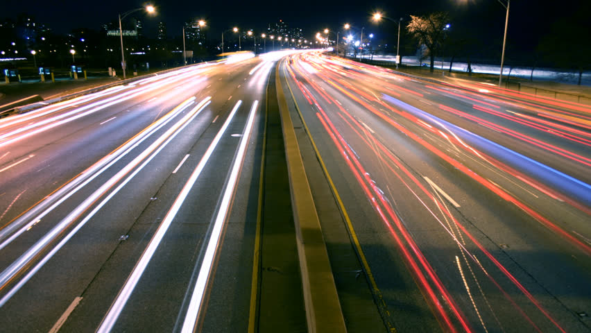 Time lapse shot of night traffic on Lake Shore drive expressway, Chicago