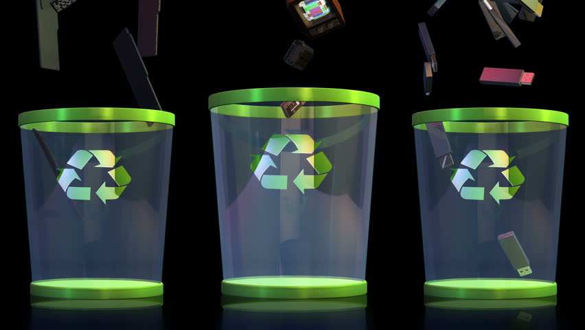 Recycle, Keyboards, USB, TV and Cameras falling into a Garbage Bin against black