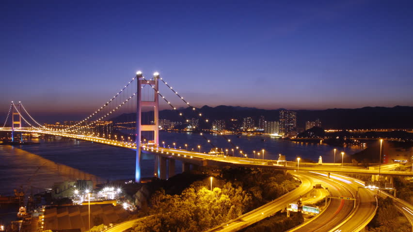 Time lapse of Tsing Ma Bridge at night - Tsing Ma Bridge is a bridge in Hong Kong. It is the world's seventh-longest span suspension bridge. ( panning )