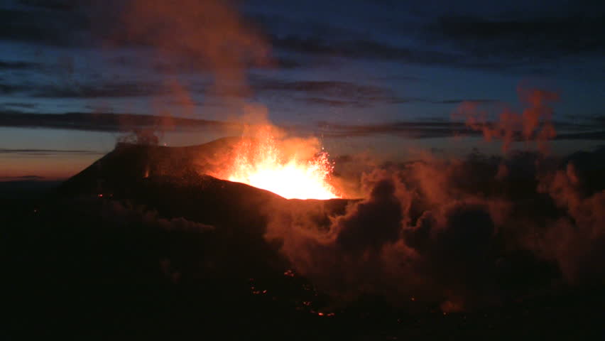 Volcanic Eruption in Iceland,  2010. Footage taken in extreme conditions only a half mile from the crater during frequent gas explosions from advancing lava. A mountain is born.
