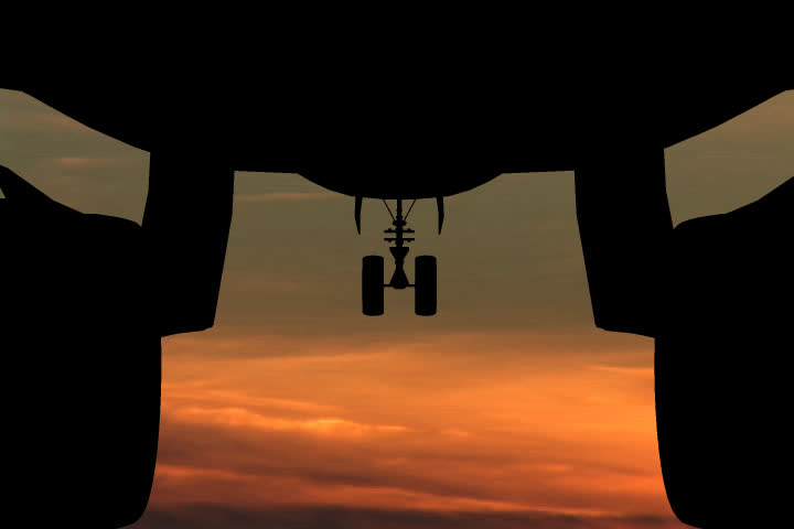 animation of a plane taking off against the sunset