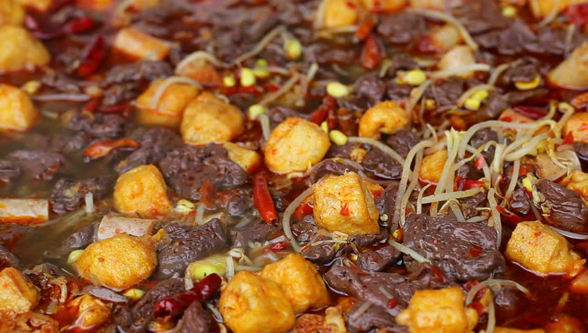 duck blood curd with soy bean seedling, boiled with fried tofu, called Maoxuewang, a spicy food in Sichuan, China