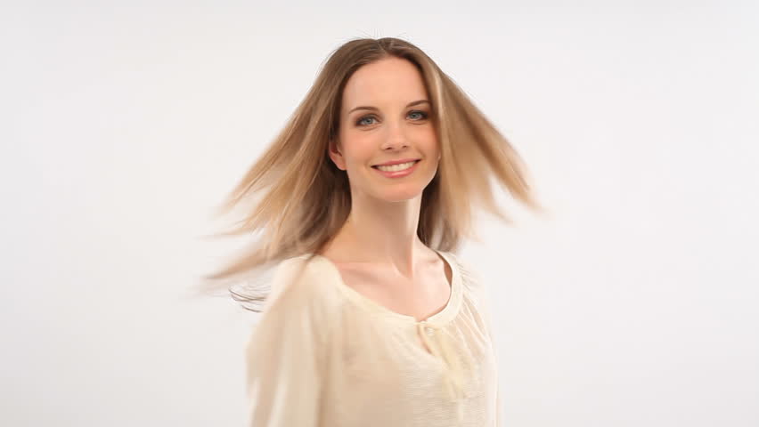 Excited woman playing with her hair; Full HD Photo JPEG
