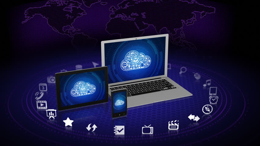 Camera zooms out of laptop screen with cloud computing concept on it