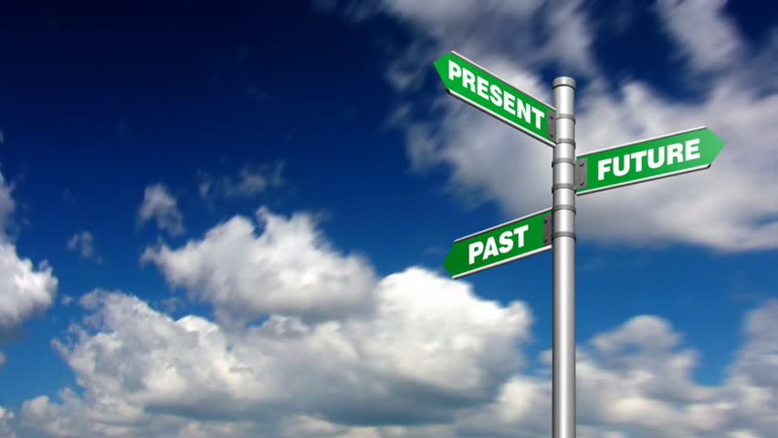 Past, present, future signpost with looping clouds in the background.