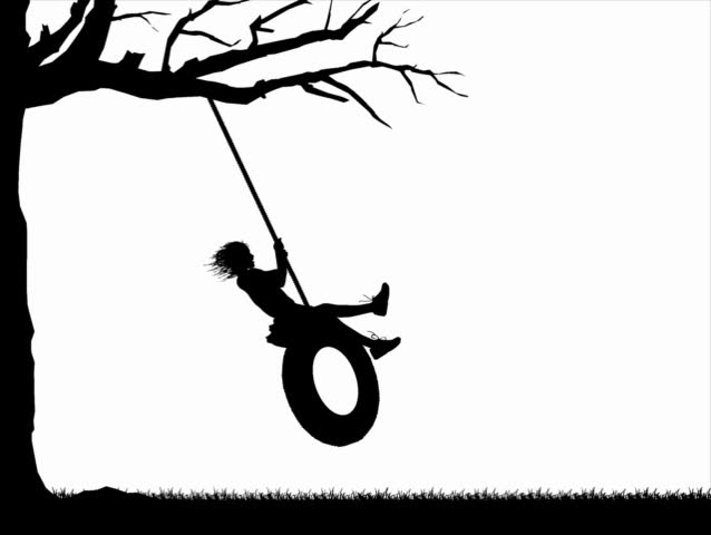 Computer-generated silhouette animation graphic depicting a girl playing on a tire swing (concept: play or carefree)