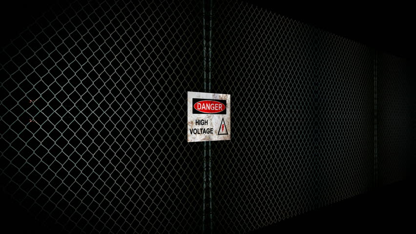 Danger High Voltage Sign. Zoom in to Danger High Voltage sign on a chain link fence. The words pop off the sign as the camera rotates around. Bolts of electricity light up on the sides.