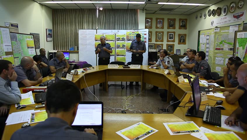 TEL AVIV, ISRAEL - OCTOBER 21: Firefighters get instructions and safety briefing in headquarters before earthquake simulation drill in Tel Aviv, Israel, October 21, 2012