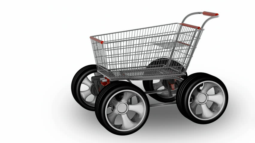 Concept SALE. shopping cart with big car wheel (HD, 30fps, 3d render)