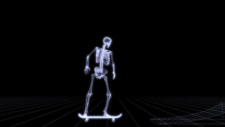 Xray of human skeleton jumping with skateboard. 3d rendering like radiography sequence. Slow motion. Side view