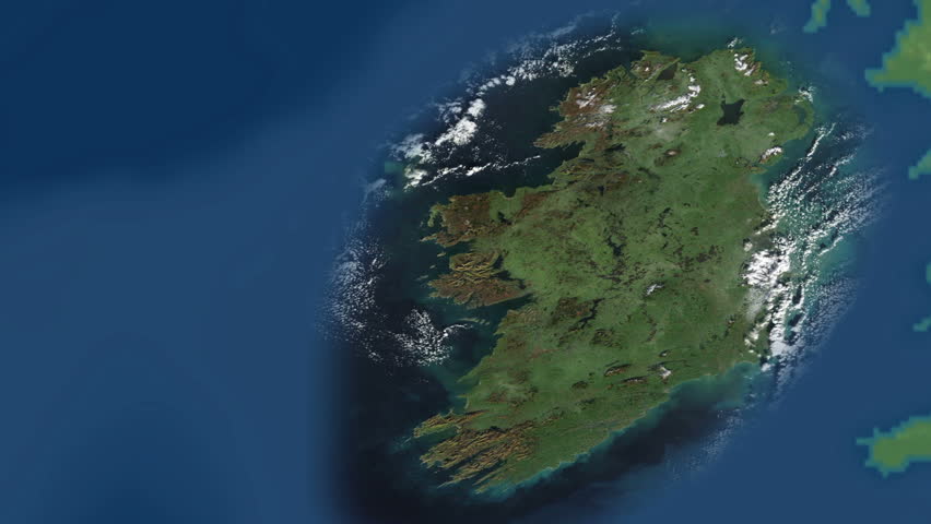 Close up of green Ireland country in United Kingdom zoom out to world map showing geographical location continents Australia Africa Europe America Asia Antarctica ocean sea water and land
