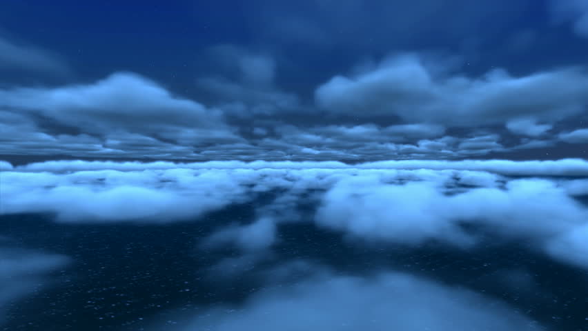 A majestic view flying over the ocean, through clouds, on a starry, moon lit night.