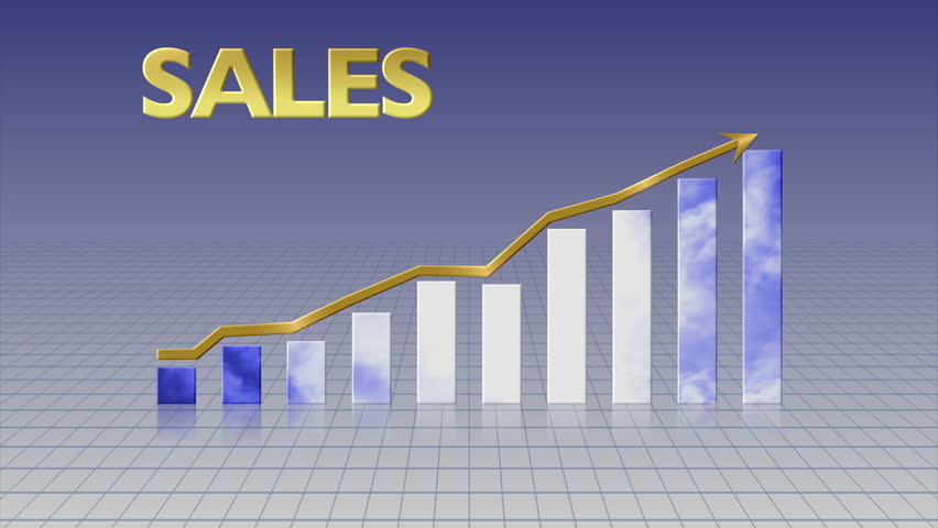 Animated bar graph shows upward trend in sales on a grid background.