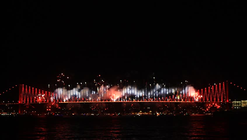 Fire fall show. Istanbul celebrates to Anniversary of Republic with a great show from 16 different points. Fireworks show started on Bosporus Bridge with a 42 firing system and 800 meter wide firefall