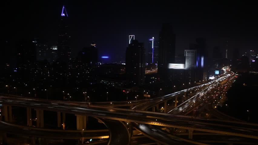 Aerial View of Shanghai Skyline, China, Yan'an East Road Overpass, blurred logos, time lapse