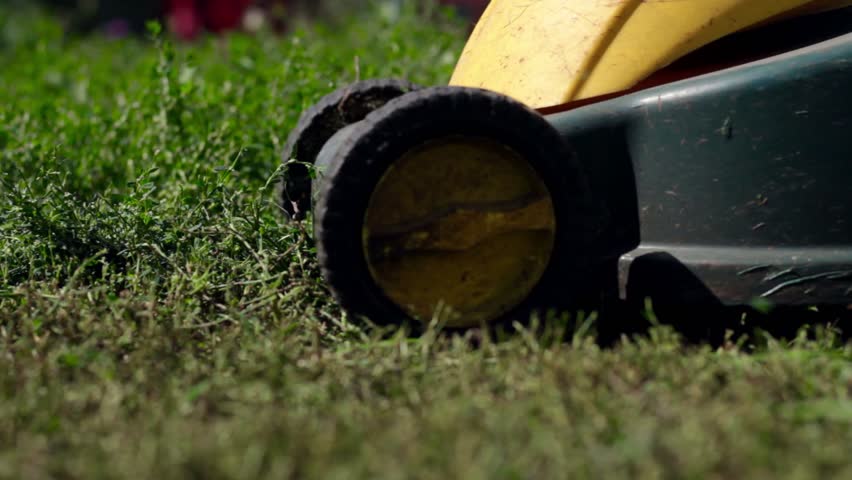 Cutting grass with lawnmower