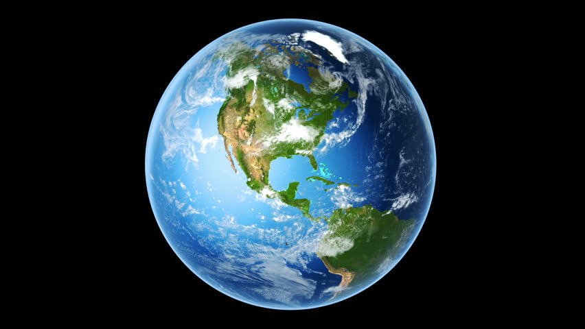 Realistic Earth Rotating on Black (Loop). Globe is centered in frame, with correct rotation in seamless loop. Texture map courtesy of NASA.