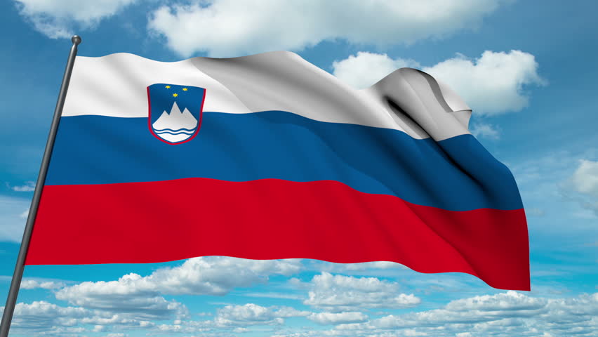 Slovenian flag waving against time-lapse clouds background