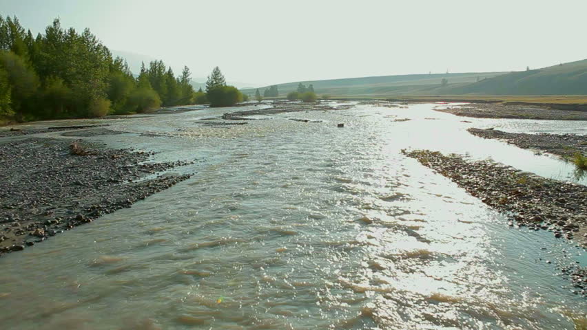 flight over mountain river