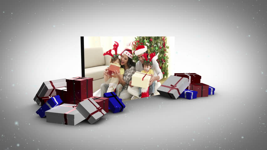 View of family's unpacking gifts animation in a screen with gifts on the floor