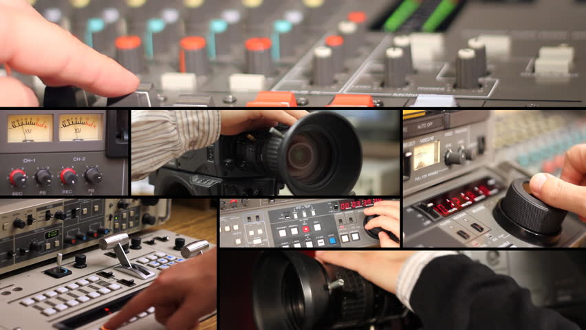 Television Equipment - cameraman and editor at work, camera, editing, directing, studio, video mixer, audio mixer