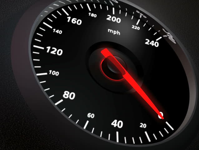 Speedometer, closeup. 0-200 in 15 seconds. NTSC.