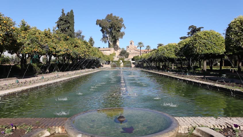Alcazar palace gardens and fountains in Cordoba, Andalusia Spain