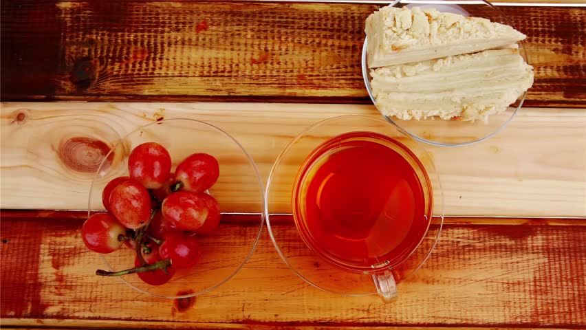 cake dessert and tea on wooden table