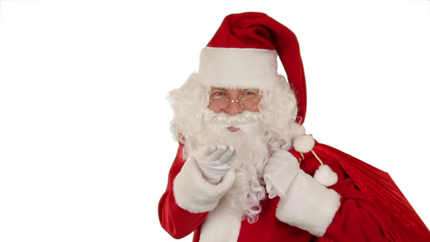 Santa Claus carrying his bag, is looking at the camera, sends a kiss and wave, white