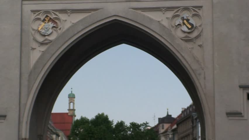 MUNICH, GERMANY - CIRCA 2011: Mock pedestrian castle gate in Munich city center.