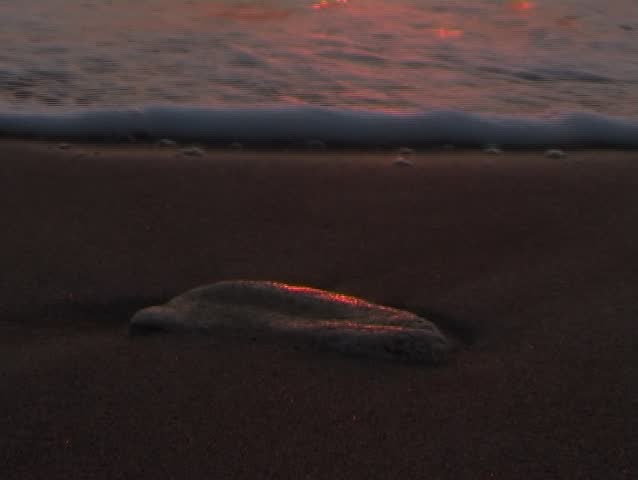 stone in red sunset on sandy beach