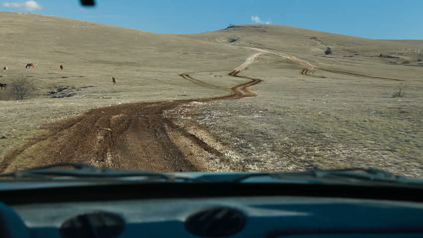 Off road driving through a Crimean mountain plateau, grazing horses