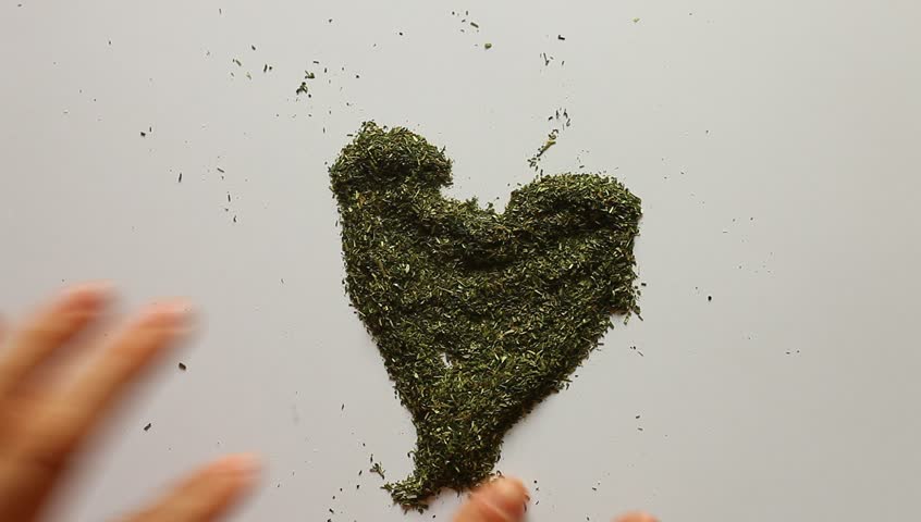 Young adult woman makes Valentines heart out of dry dill.
