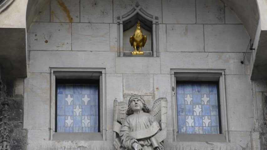 Ceremony with twelve apostles and four figures presented every hour as part of Prague Astronomical Clock located on the southern wall of the Old Town City Hall in the Old Town Square.