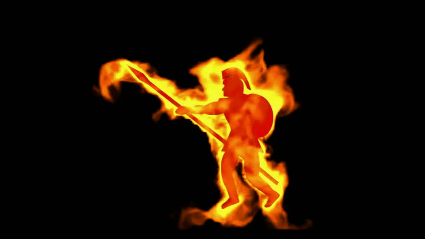 burning ancient soldier brandishing spear.