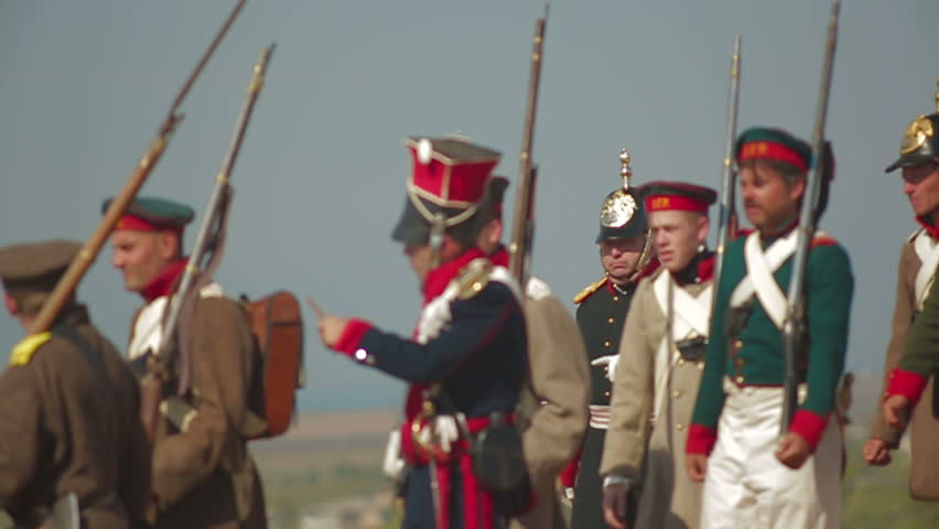 CRIMEA, UKRAINE â SEPTEMBER 29, 2012: Troop prepares to shoot during reenactment of Battle of Alma (Crimean War 1853 - 1856) on a historical festival in Crimea. Slow motion.