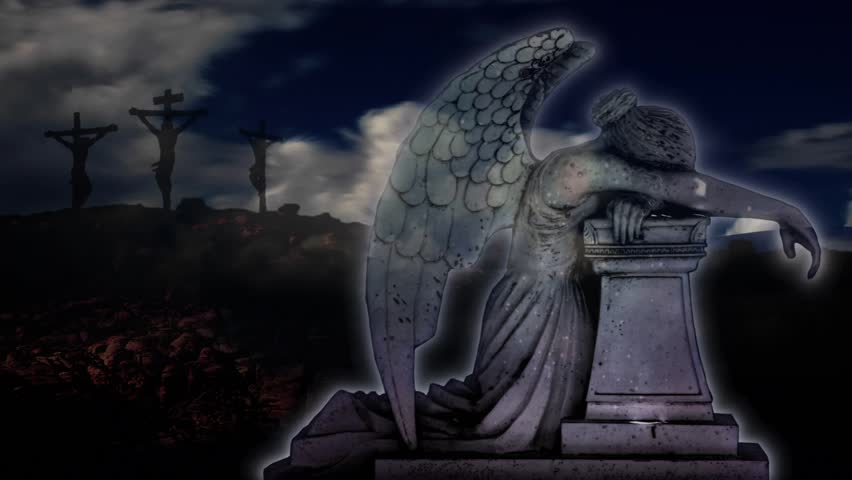Weeping Angel - Video includes time lapse clouds behind a statue of a weeping angel and the crucifixion scene in the far background.