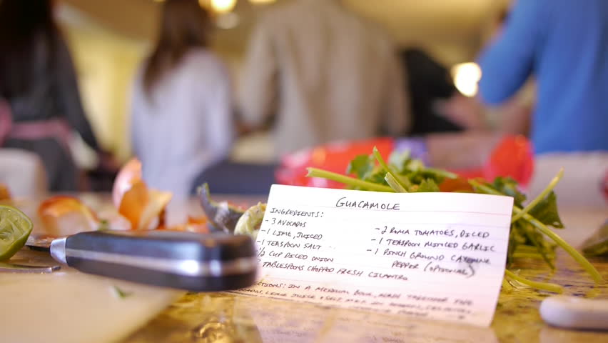 Recipe and ingredients for guacamole. Camera slides to the left