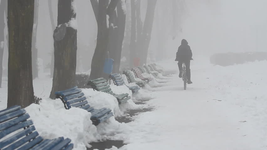 Single man riding a bicycle in the park during a winter misty day