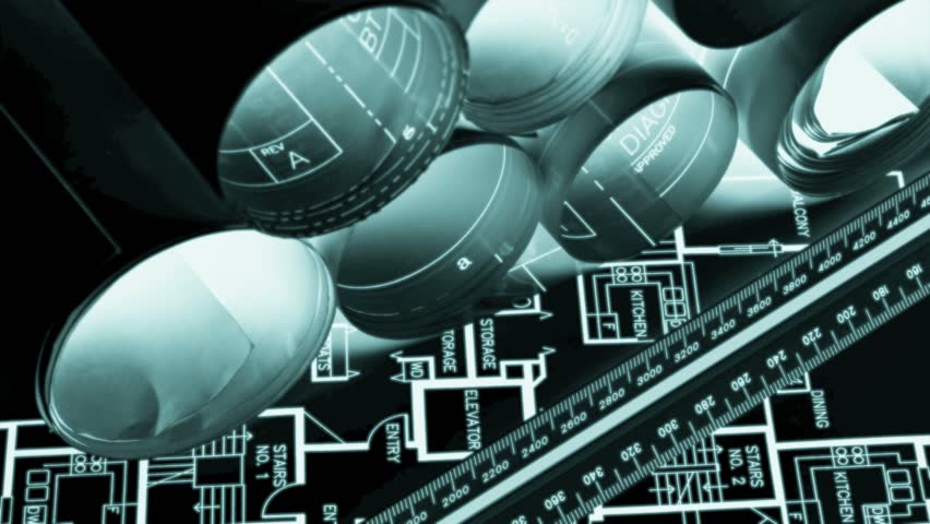 Numerous blueprints and drafting rule