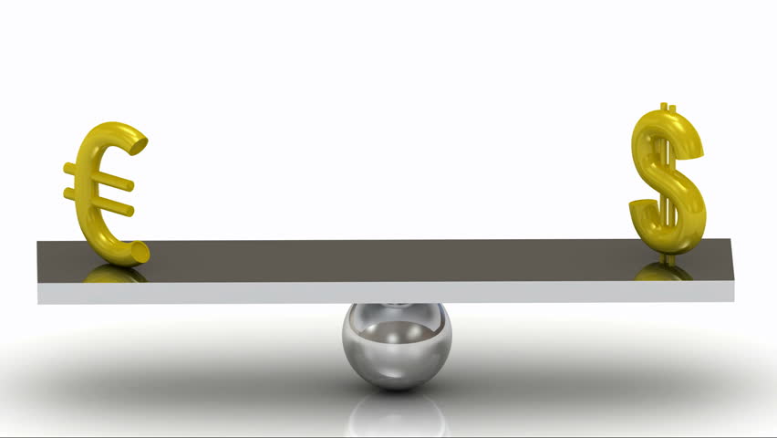 Balance of the Dollar and the Euro on the rocking polished board