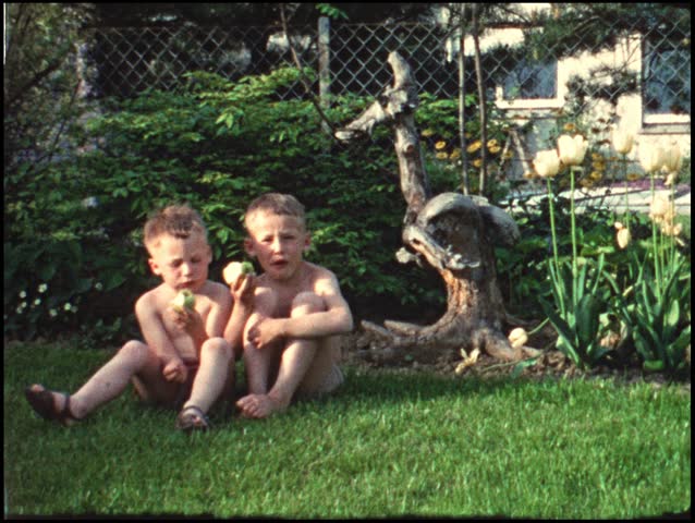 Little brothers sitting in garden (vintage 8 mm amateur film)
