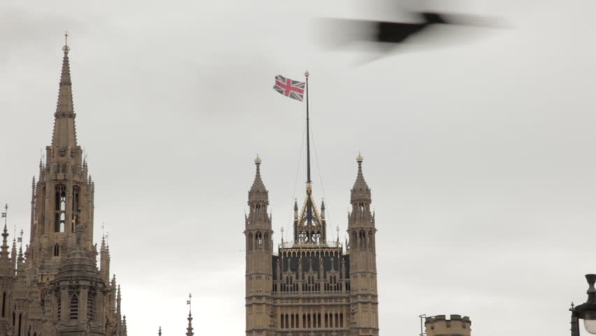 Union Jack flying above Westminster Palace.