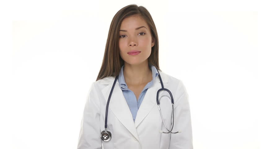 Medical doctor negative shrug and doubt. Shrugging young woman medical professional in uniform expressing uncertain decision on white background. Multiracial Asian Caucasian  female doctor or nurse.