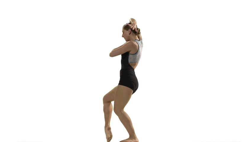 Young Woman doing a modern dance piece front of white screen
