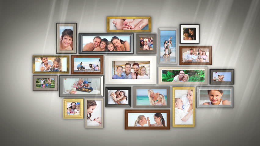 Montage of families having fun together presented in picture frames on grey wall