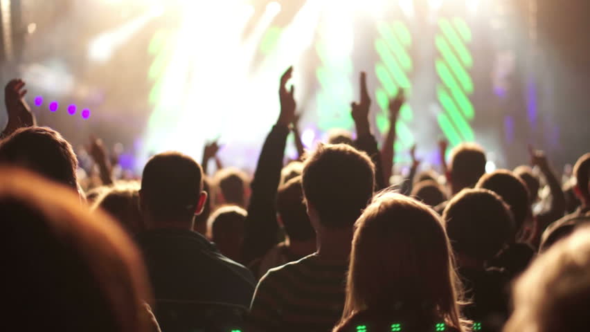 Shot of some cheering fans at a life concert, slow motion, some visible noise due high ISO, soft focus