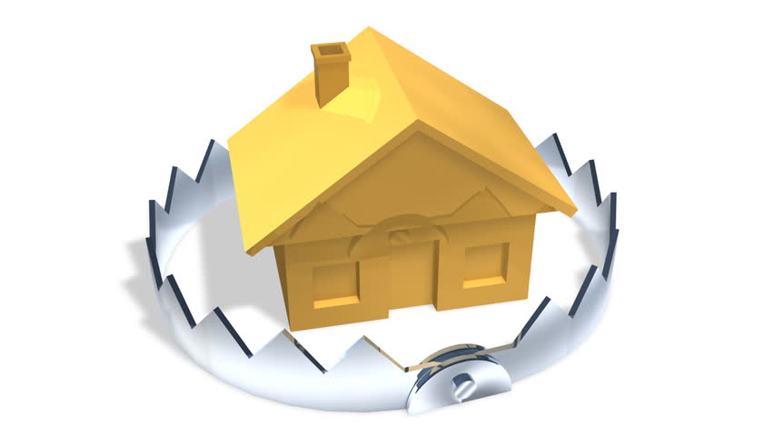 Risky House Trap Rotate. Gold reflective house inside a chrome steel trap rotating on a white background.